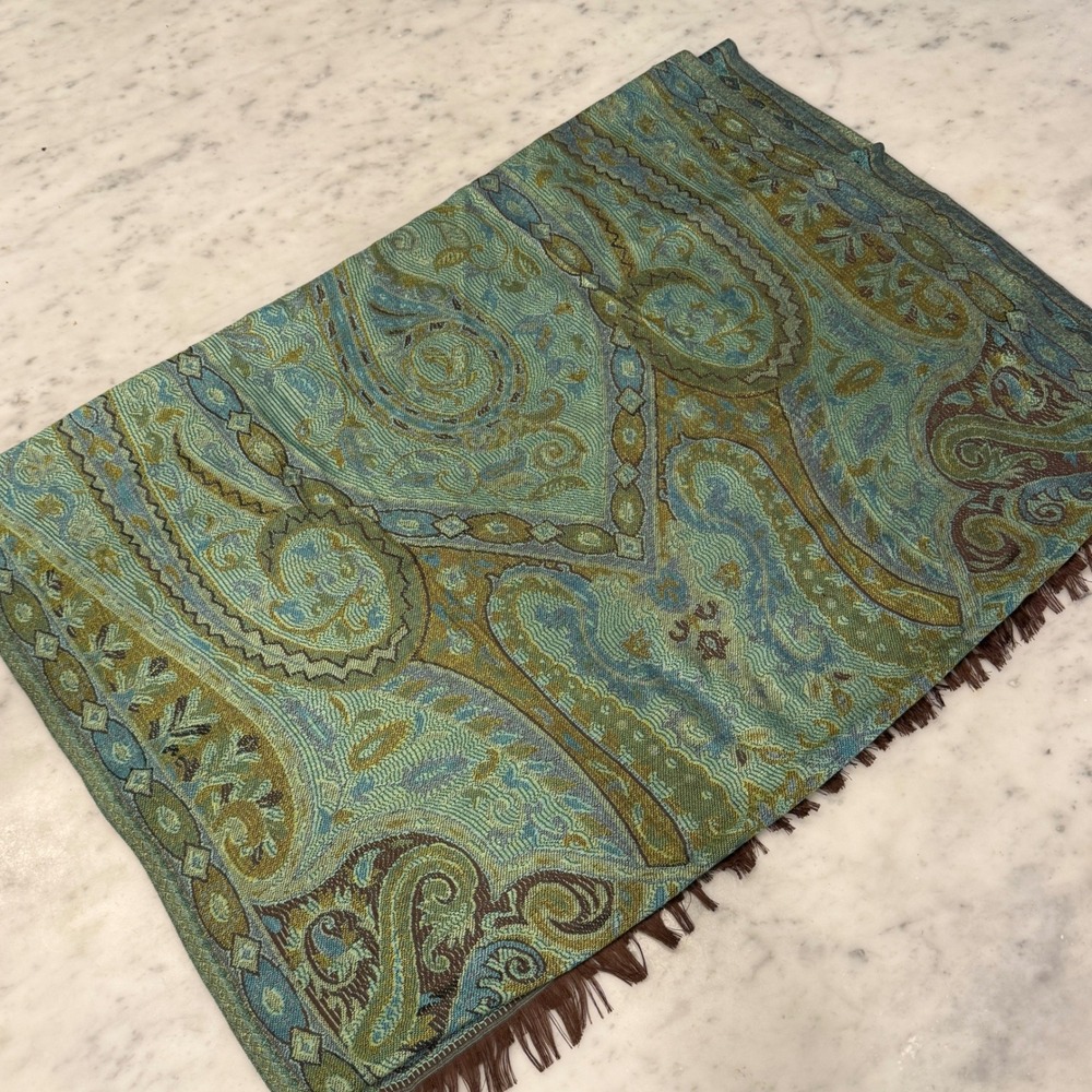 Naturally Knotty 100% Silk Paisley Pashmina Shawl Wrap Blue Green Brown 27x80